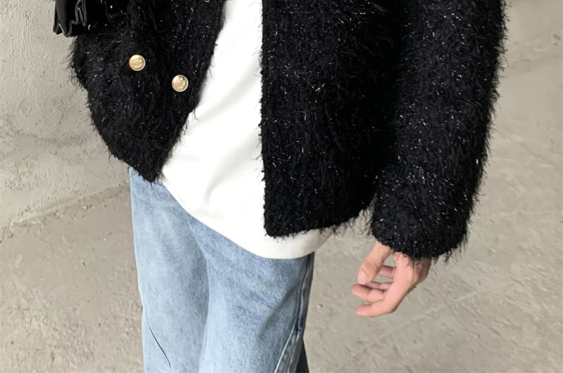 Crew Neck Plain Tweed Double-Breasted Jacket