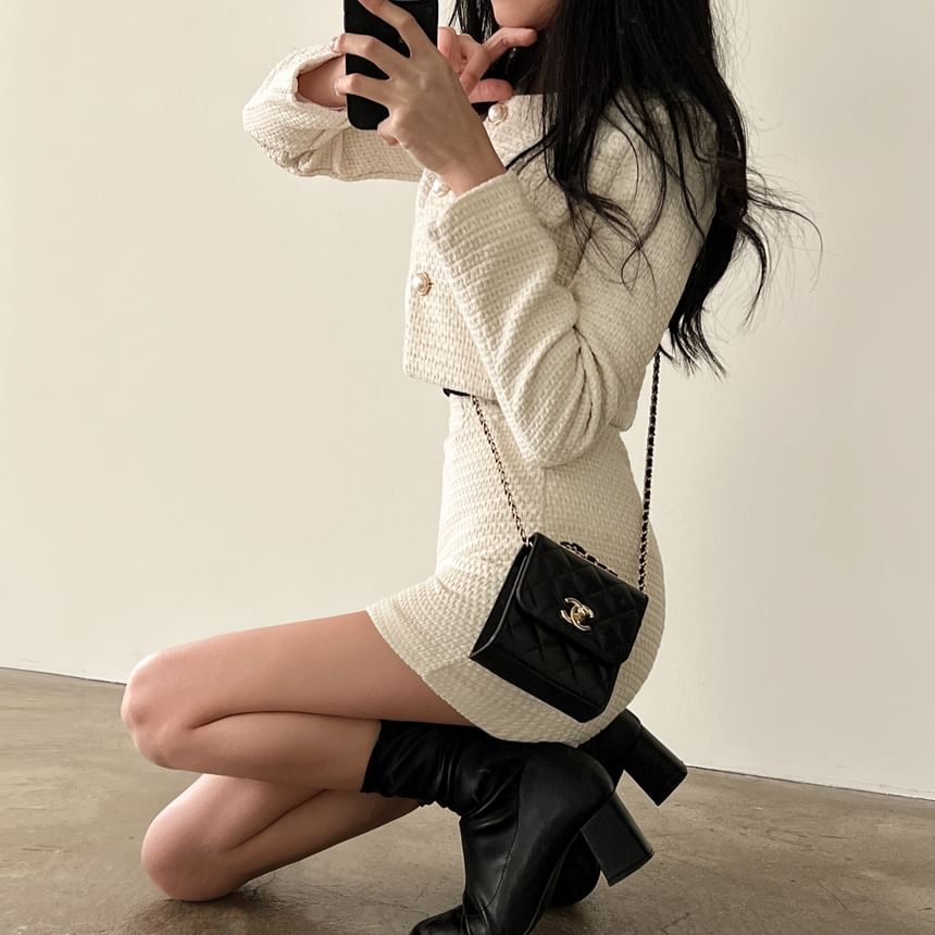 Tweed Faux Pearl Button-Up Jacket / High Waist Mini A-Line Skirt