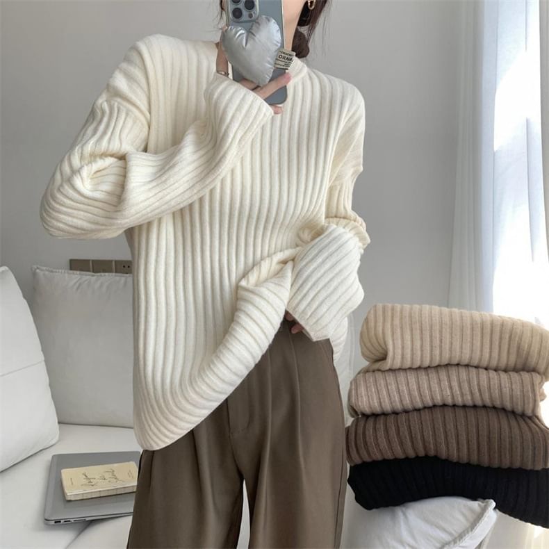 Neck Ribbed Sweater Plain Crew
