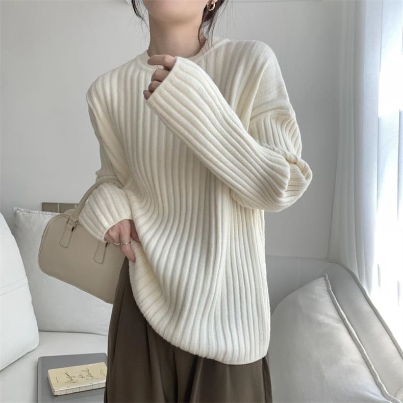 Neck Ribbed Sweater Plain Crew