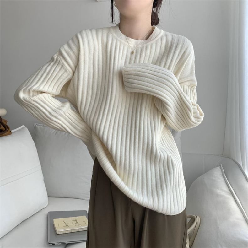 Neck Ribbed Sweater Plain Crew