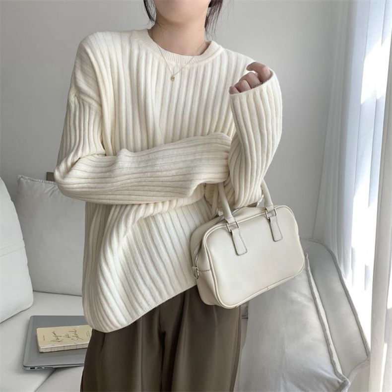 Neck Ribbed Sweater Plain Crew