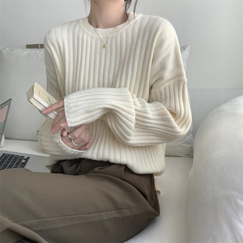 Neck Ribbed Sweater Plain Crew
