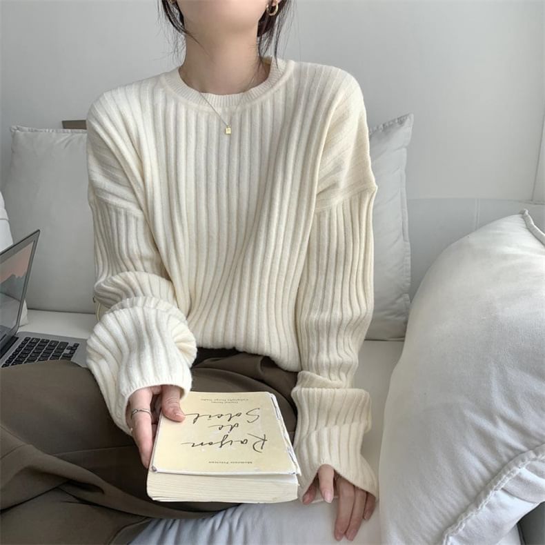 Neck Ribbed Sweater Plain Crew