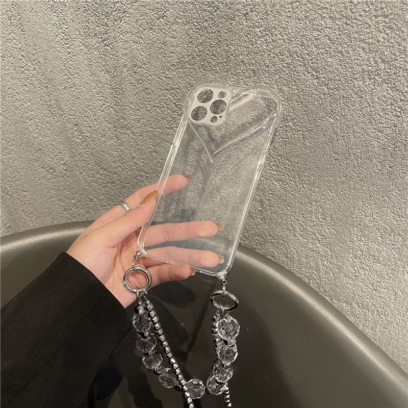 Phone Transparent Case Chain Heart Crystal Faux