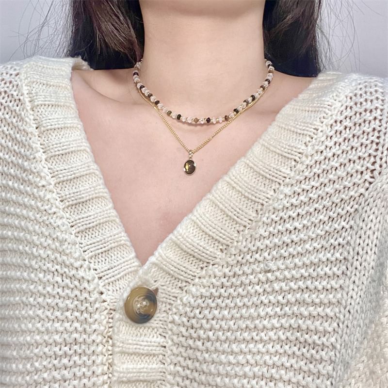 Necklace Gemstone Layered Pendant Beaded