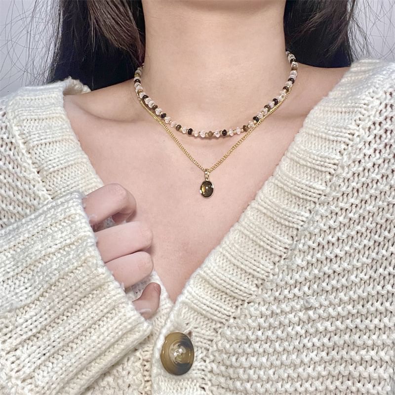 Necklace Gemstone Layered Pendant Beaded