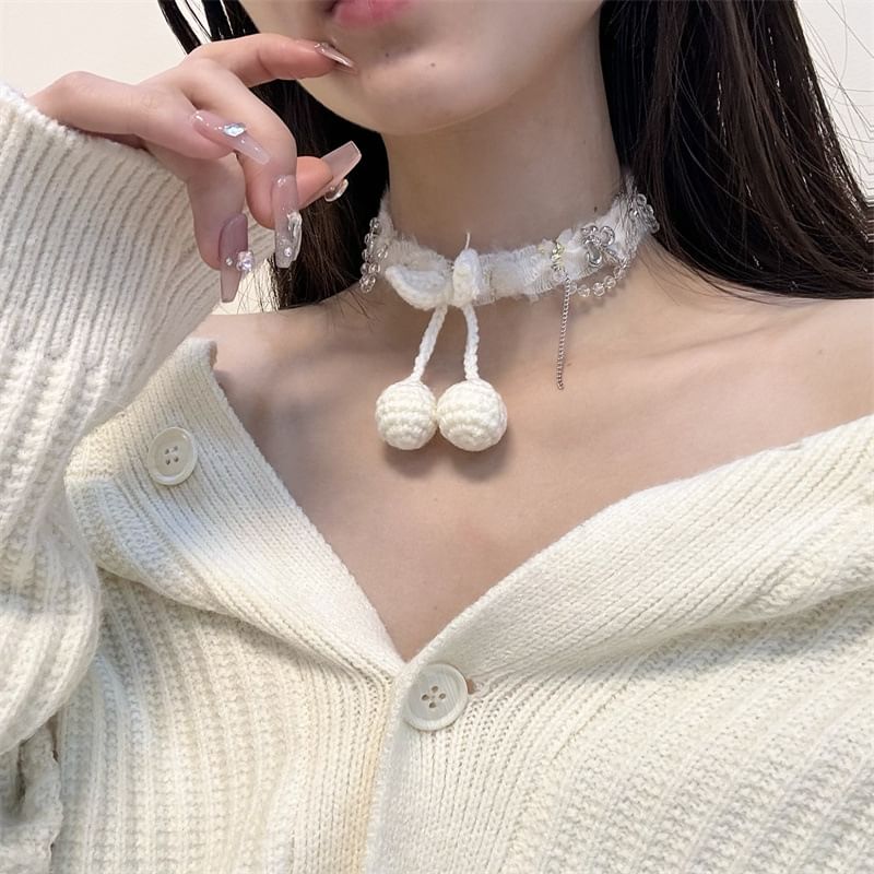 Bead Fringed Choker Fabric Cherry