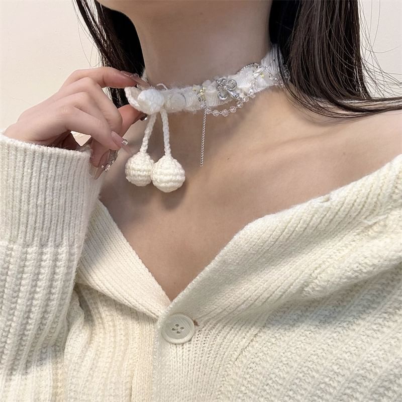 Bead Fringed Choker Fabric Cherry