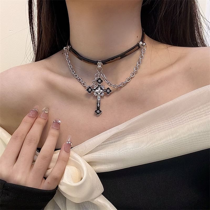 Faux Leather Choker Layered Chained