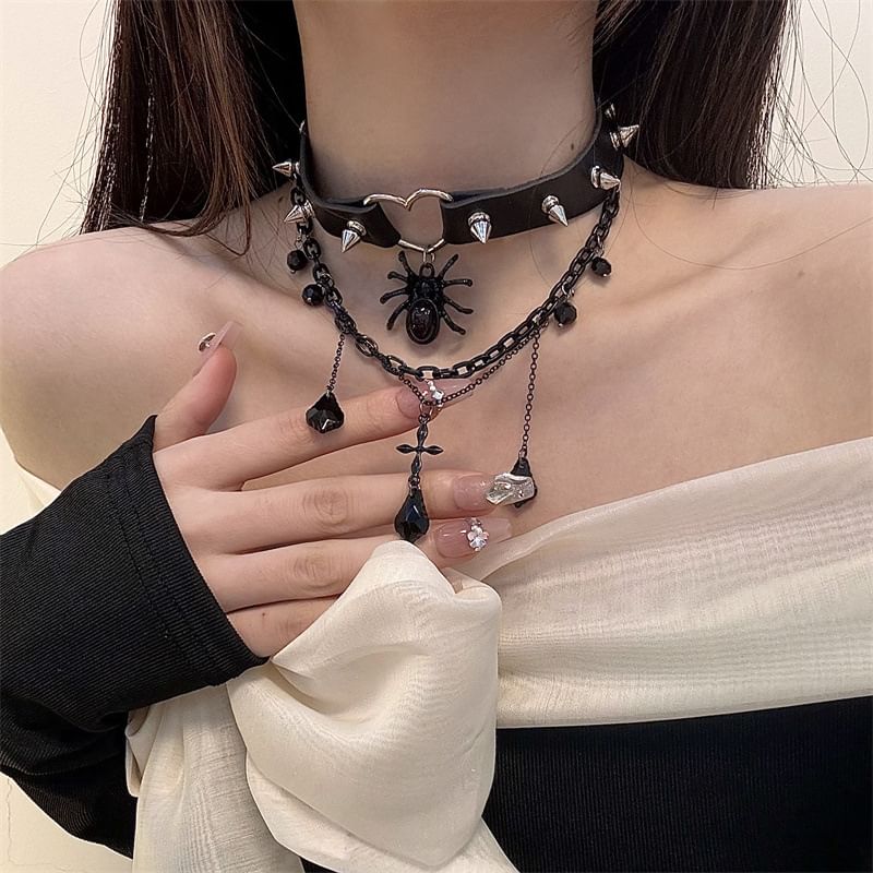 Faux Leather Choker Layered Chained