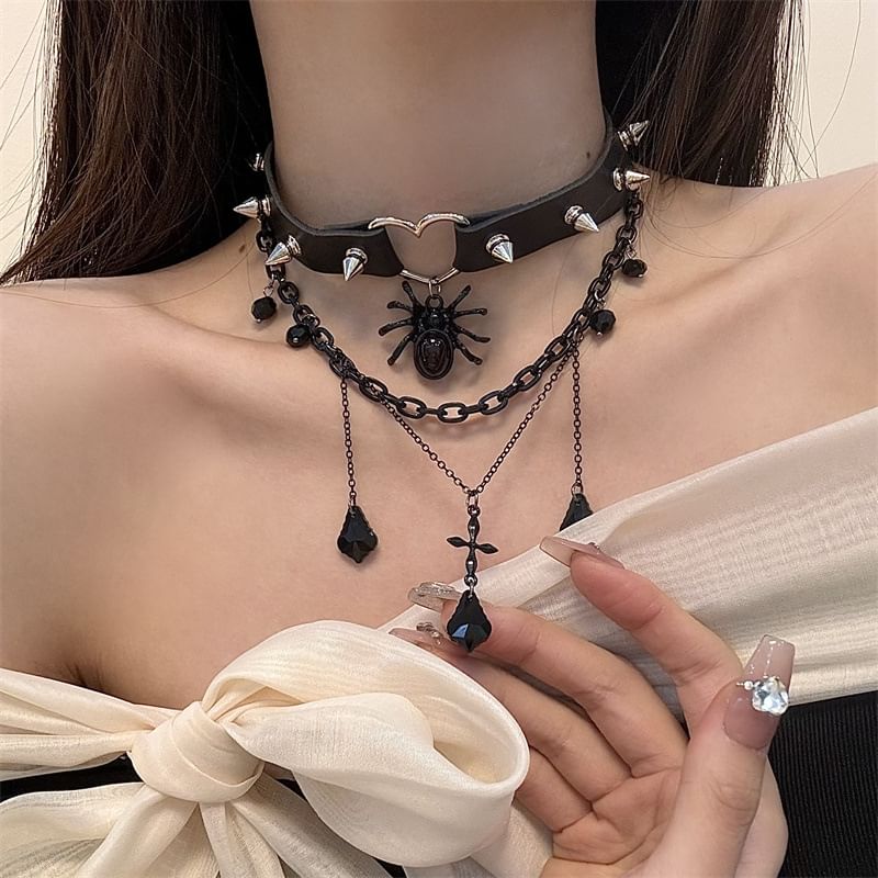 Faux Leather Choker Layered Chained