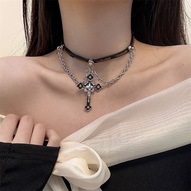 Faux Leather Choker Layered Chained