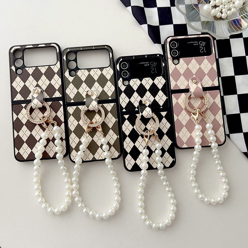 Phone Pearl Case Faux Strap Argyle