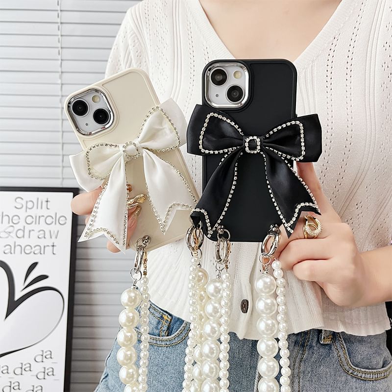 Faux Case Phone Lanyard Pearl Bow