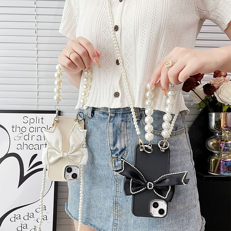 Faux Case Phone Lanyard Pearl Bow
