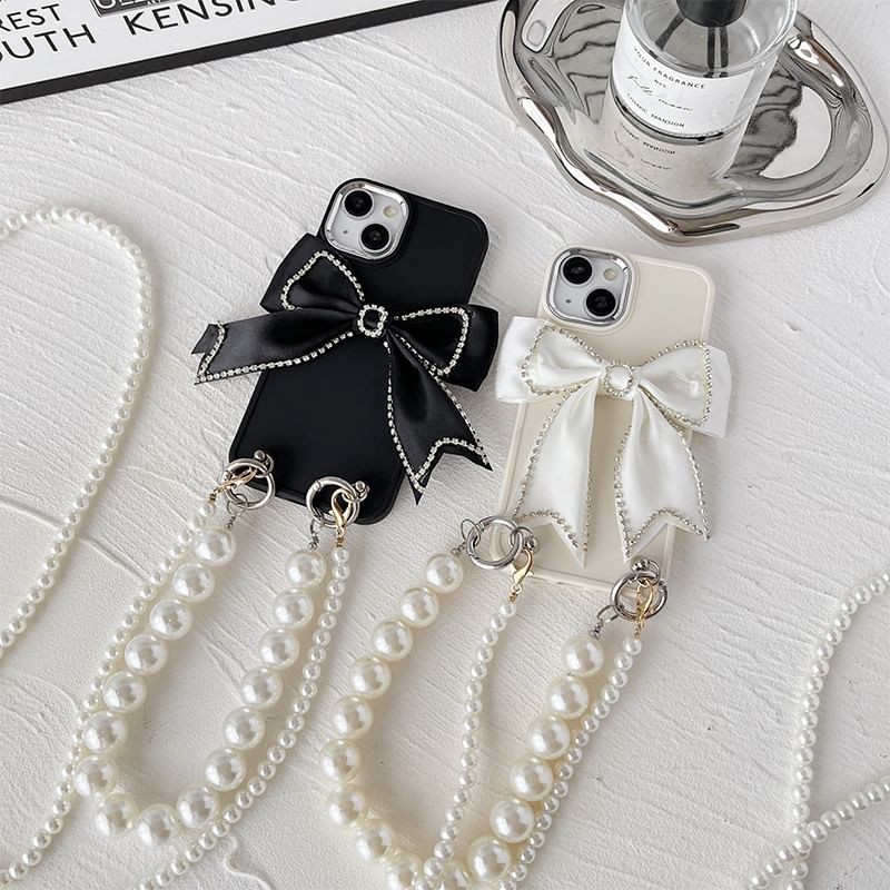 Faux Case Phone Lanyard Pearl Bow