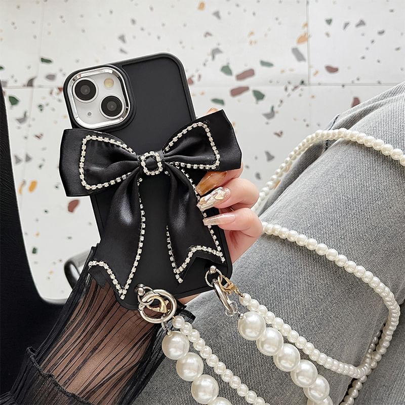 Faux Case Phone Lanyard Pearl Bow