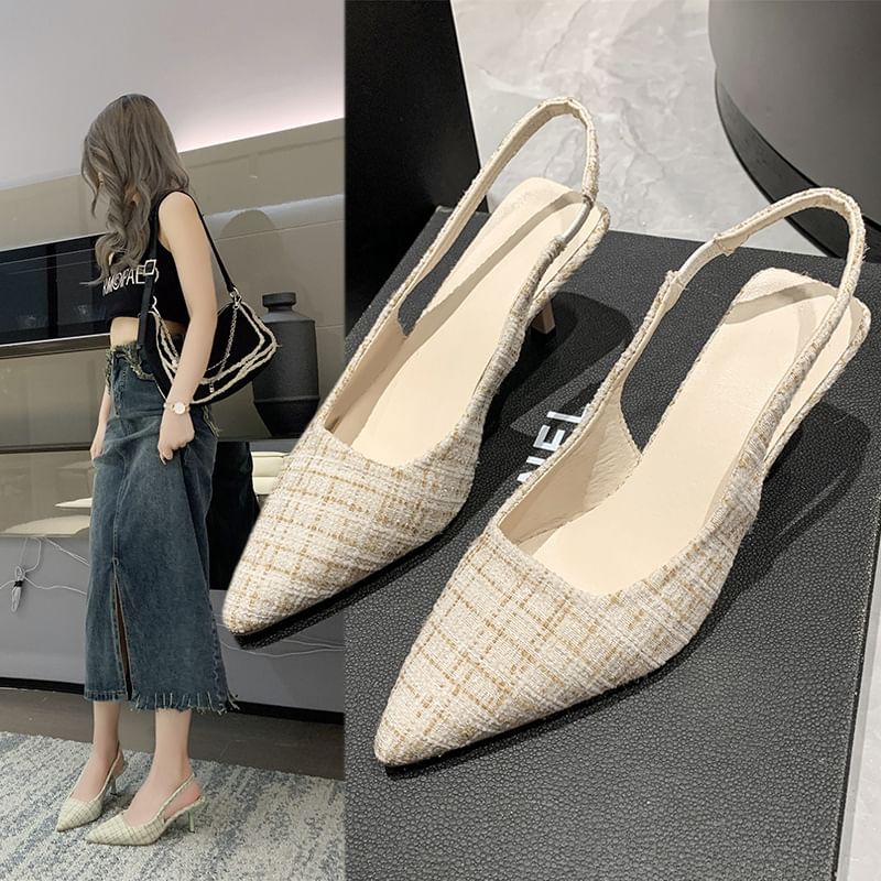 Sandals Heel Pointed Kitten Slingback Plaid