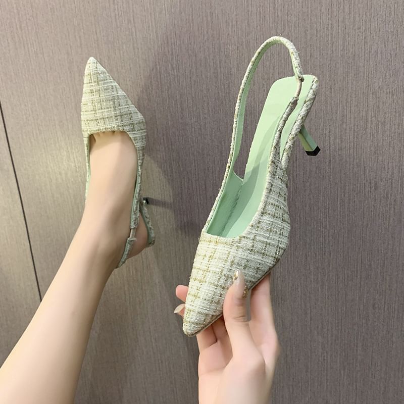 Sandals Heel Pointed Kitten Slingback Plaid