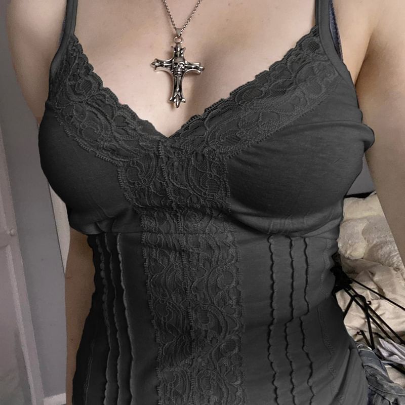 Slim-Fit V-Neck Plain Lace Top Panel Camisole