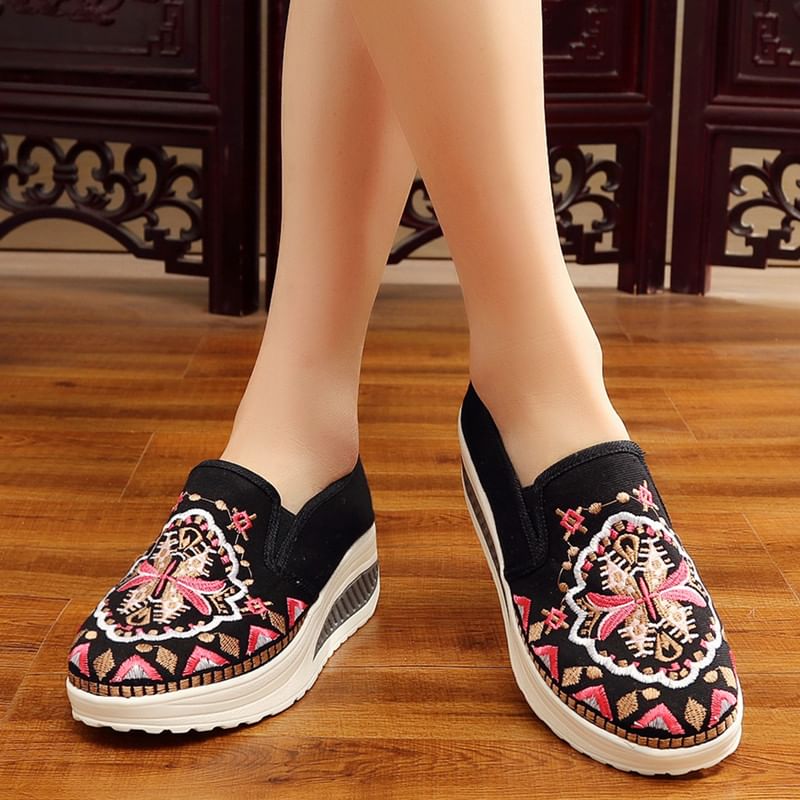 Platform Embroidered Slip Ons