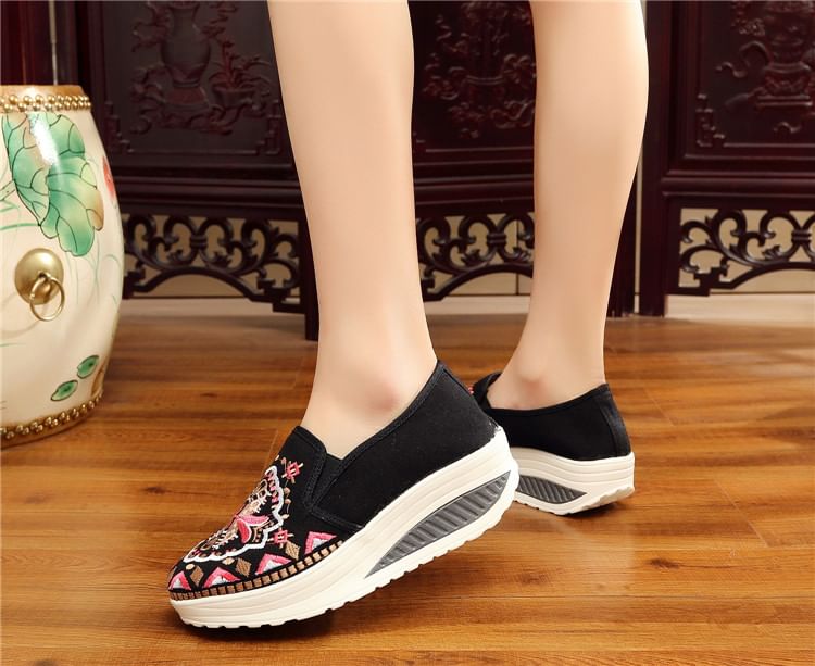 Platform Embroidered Slip Ons