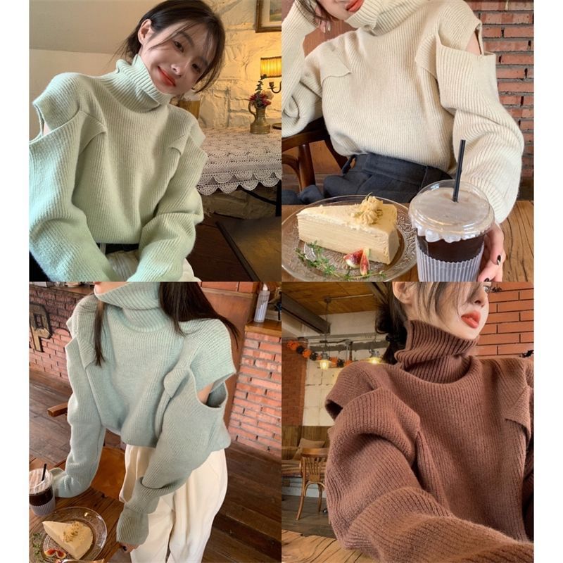 Sweater Loose-Fit Plain Cold-Shoulder Turtleneck