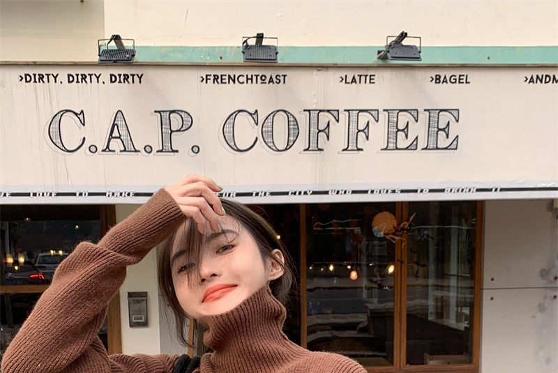 Sweater Loose-Fit Plain Cold-Shoulder Turtleneck