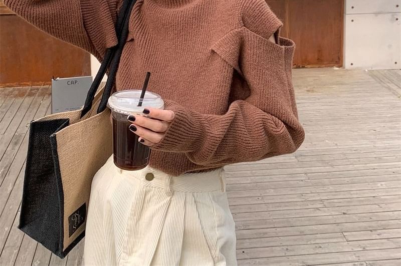 Sweater Loose-Fit Plain Cold-Shoulder Turtleneck