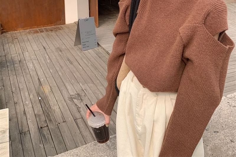 Sweater Loose-Fit Plain Cold-Shoulder Turtleneck