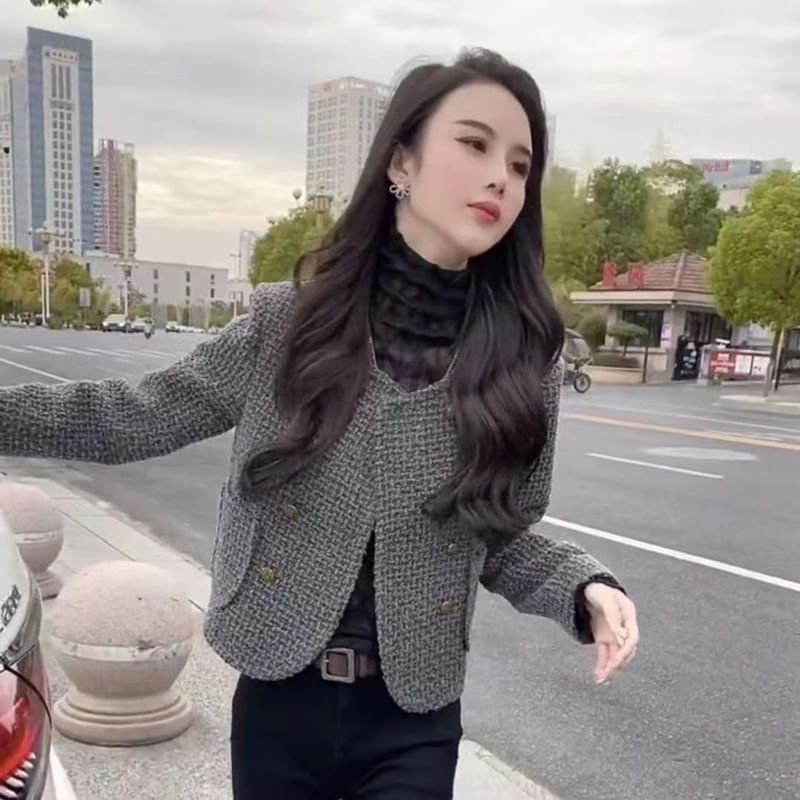 Double Breasted Tweed Crop Jacket