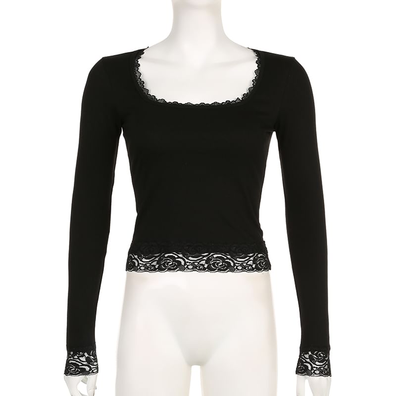 Cropped Top Long-Sleeve Lace Square-Neck