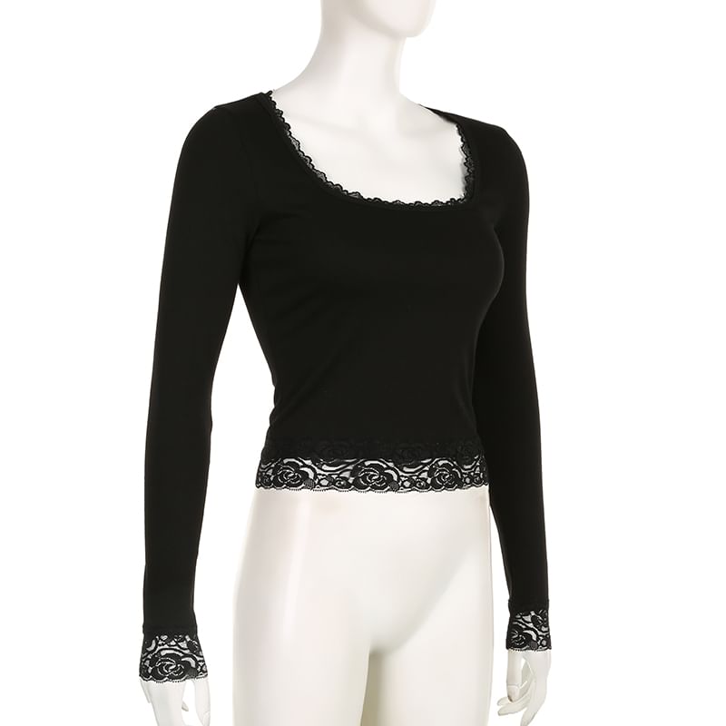 Cropped Top Long-Sleeve Lace Square-Neck