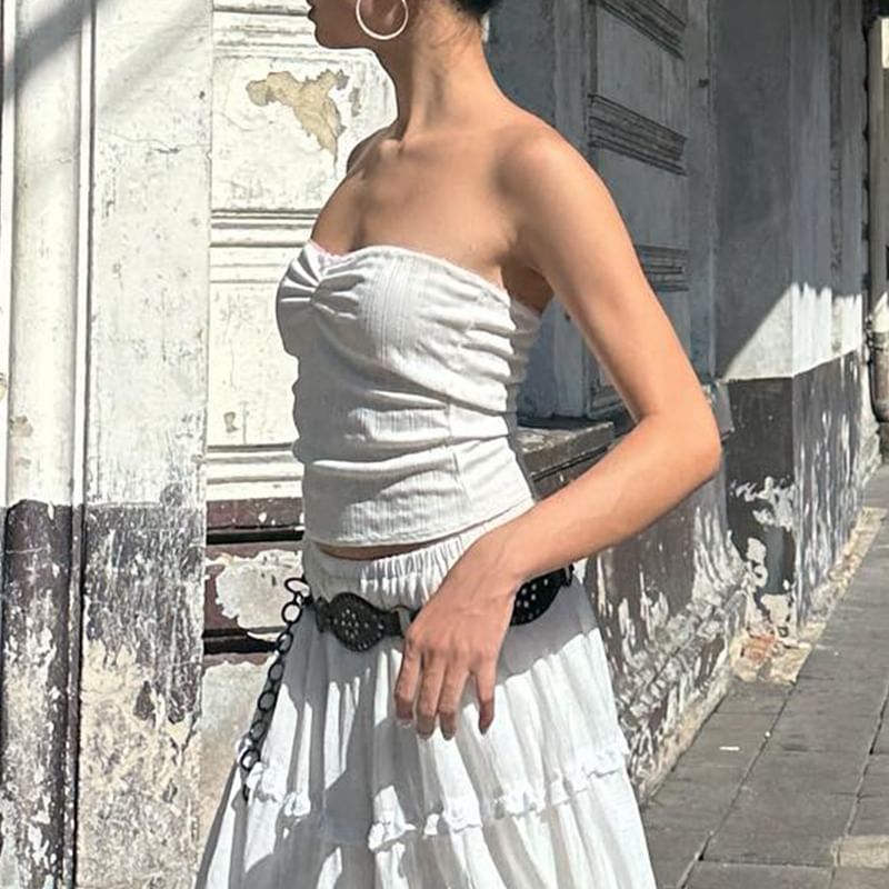 Elastic Maxi Top Skirt Waist Ruffle Plain Tiered A-Line / Tube