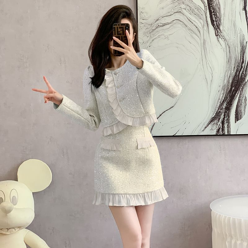 Set: Round Neck Ruffle Tweed Button Jacket + High Waist Mini Pencil Skirt