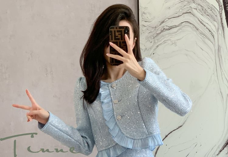 Set: Round Neck Ruffle Tweed Button Jacket + High Waist Mini Pencil Skirt