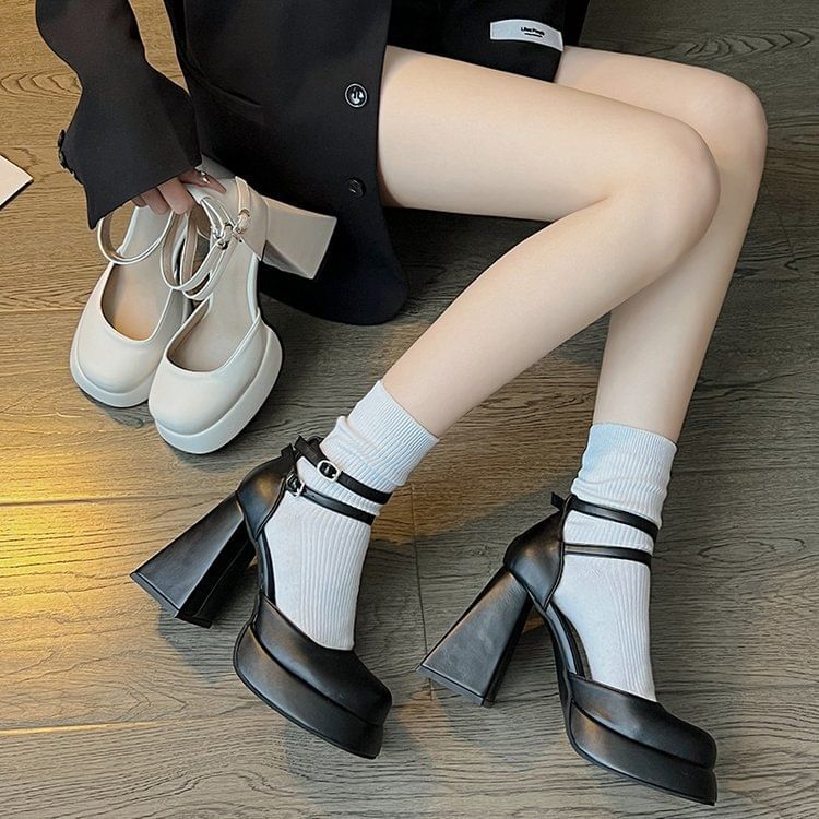 Ankle Block Platform Pumps Strap Heel
