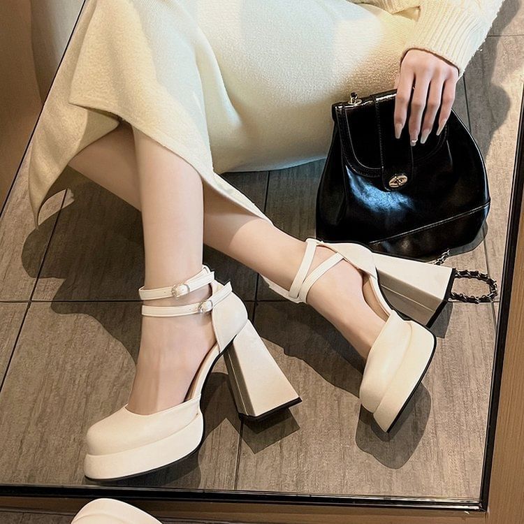 Ankle Block Platform Pumps Strap Heel