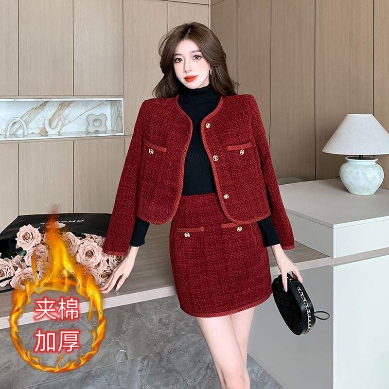Set: Collarless Tweed Button Jacket + High Waist Mini Pencil Skirt
