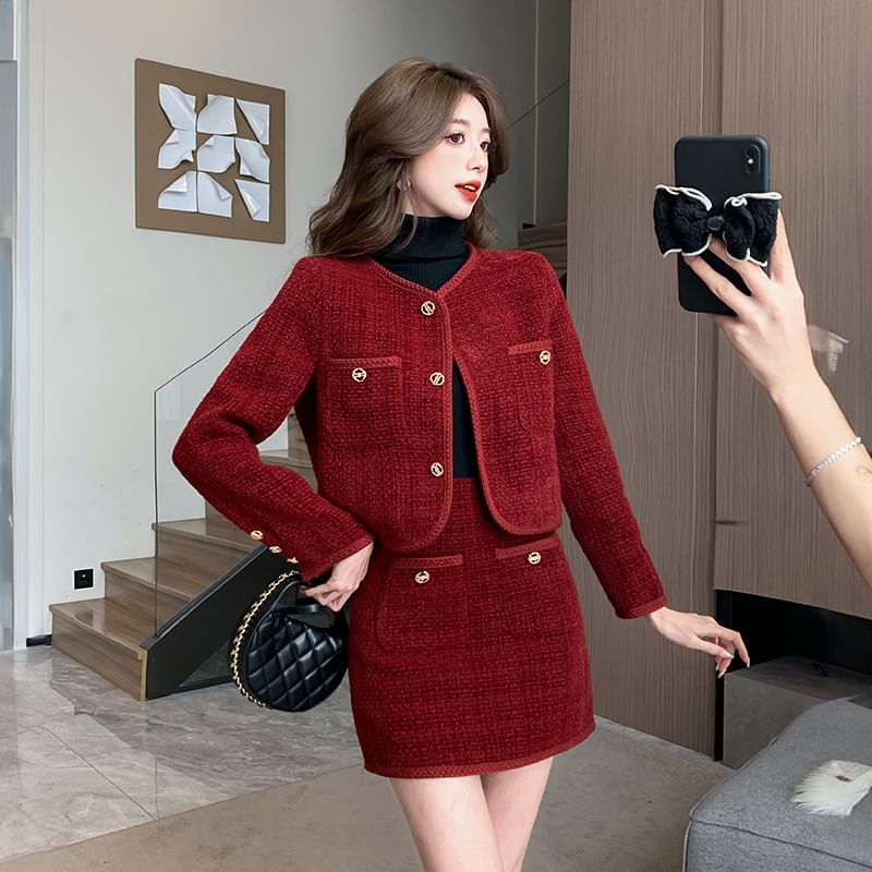 Set: Collarless Tweed Button Jacket + High Waist Mini Pencil Skirt