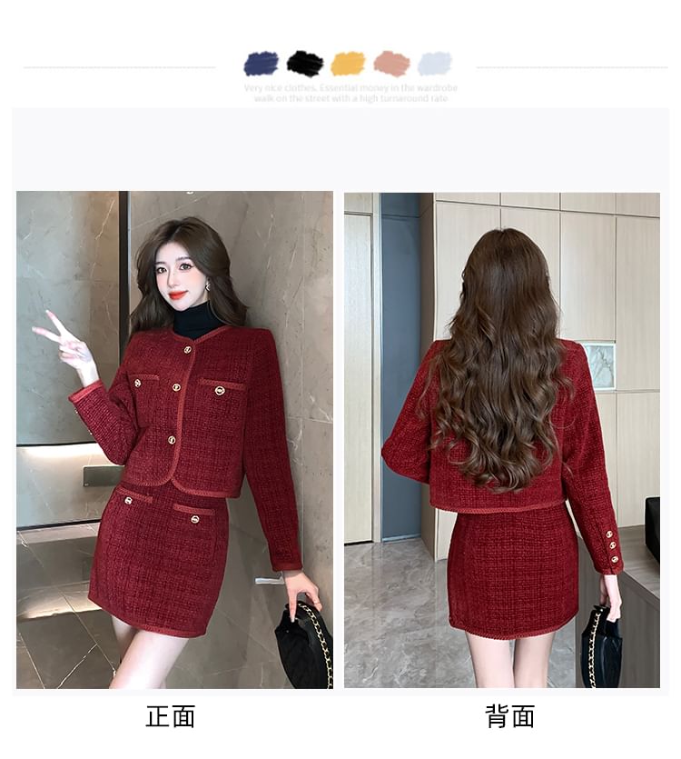 Set: Collarless Tweed Button Jacket + High Waist Mini Pencil Skirt