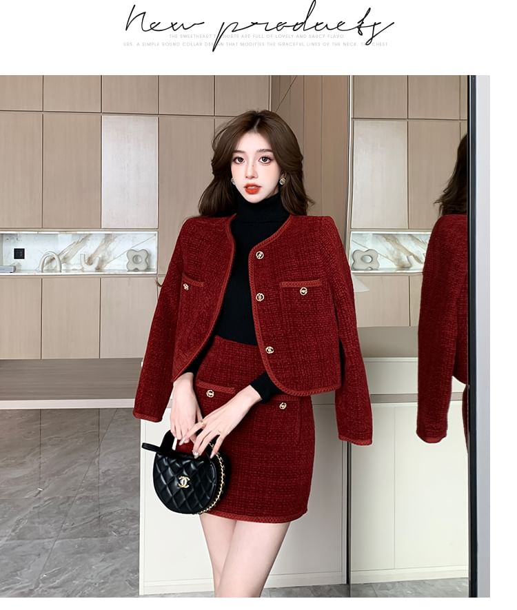 Set: Collarless Tweed Button Jacket + High Waist Mini Pencil Skirt