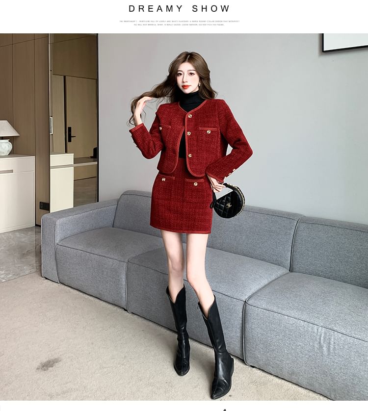 Set: Collarless Tweed Button Jacket + High Waist Mini Pencil Skirt