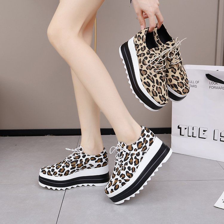 Lace-Up Print Platform Shoes Leopard