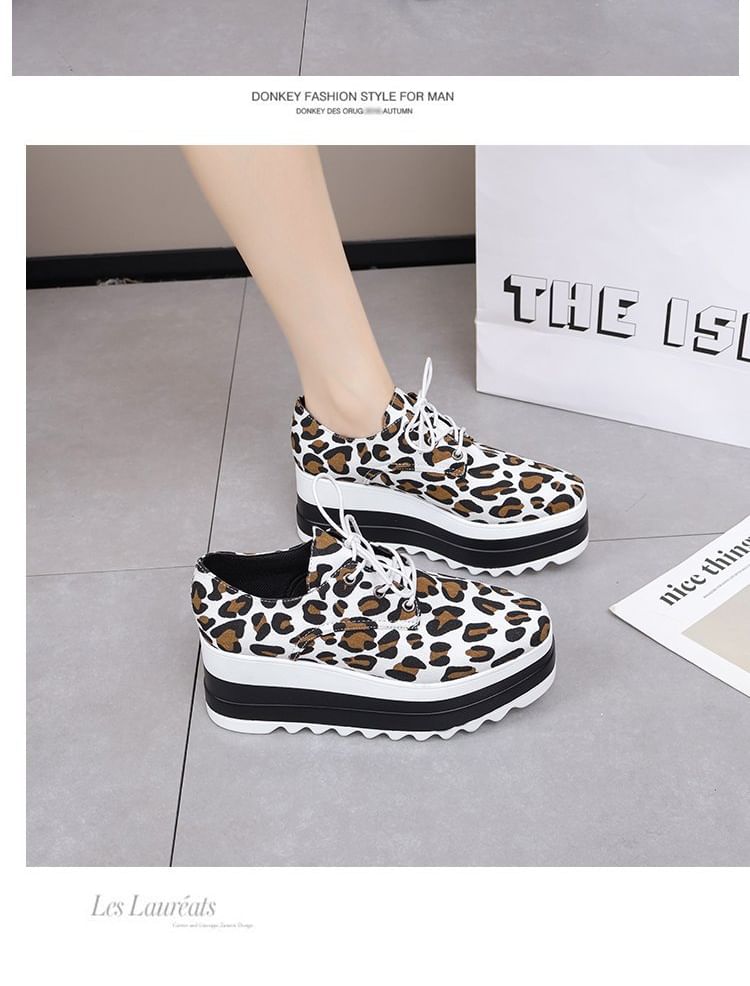 Lace-Up Print Platform Shoes Leopard