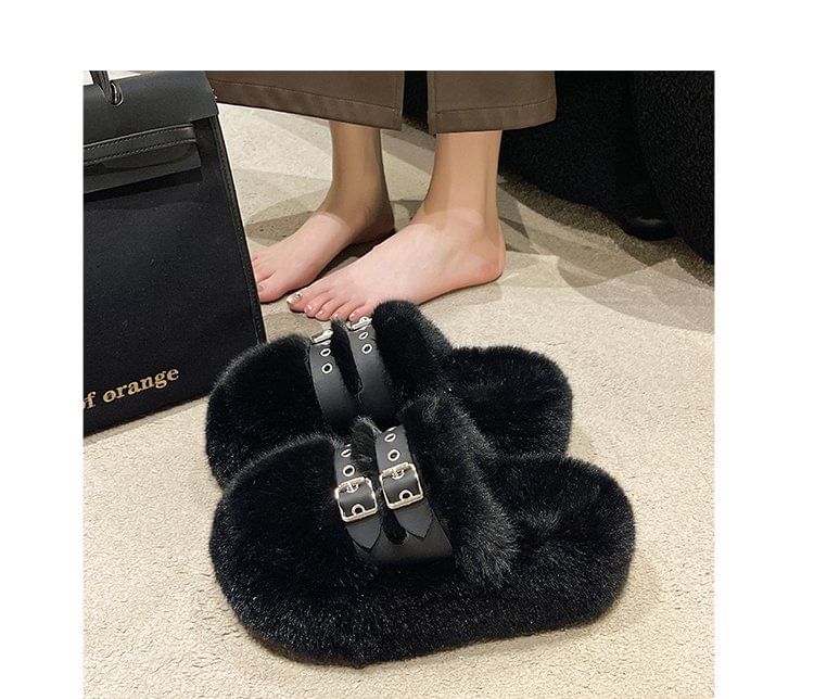 Buckled Fleece Platform Sandals