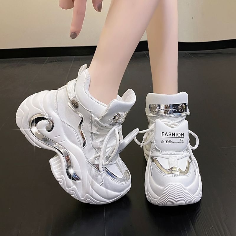 Platform Metallic Leather Top Lace-Up High Sneakers Faux Panel