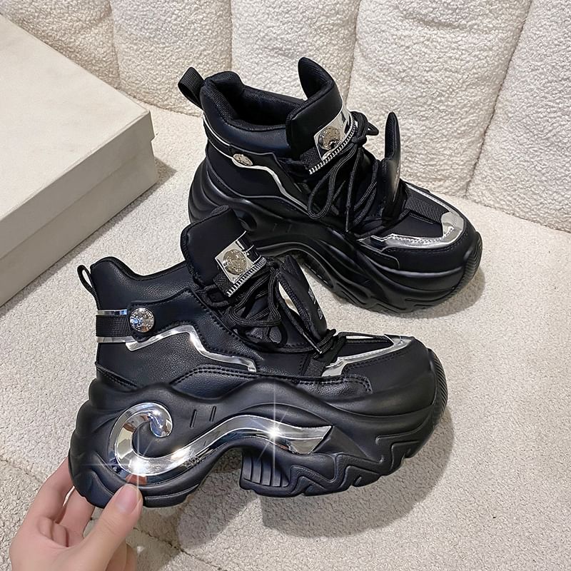 Platform Metallic Leather Top Lace-Up High Sneakers Faux Panel