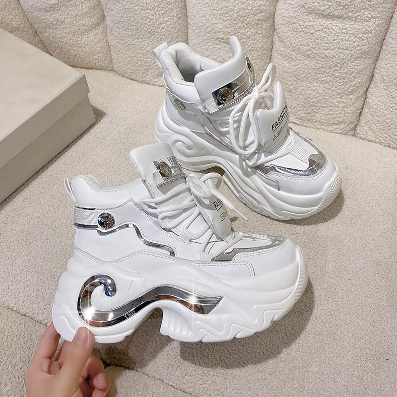 Platform Metallic Leather Top Lace-Up High Sneakers Faux Panel